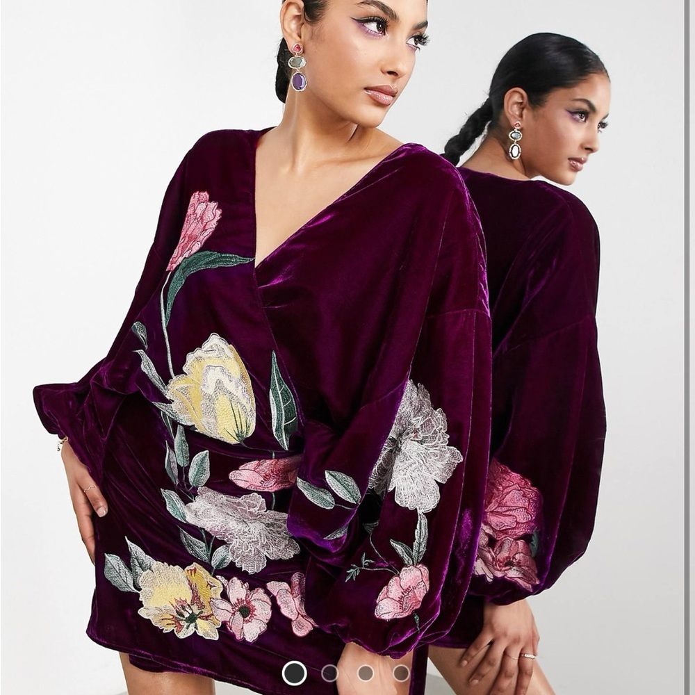 ASOS EDITION Velvet Wrap Mini Dress with Dahlia Floral Embroidery in Wine